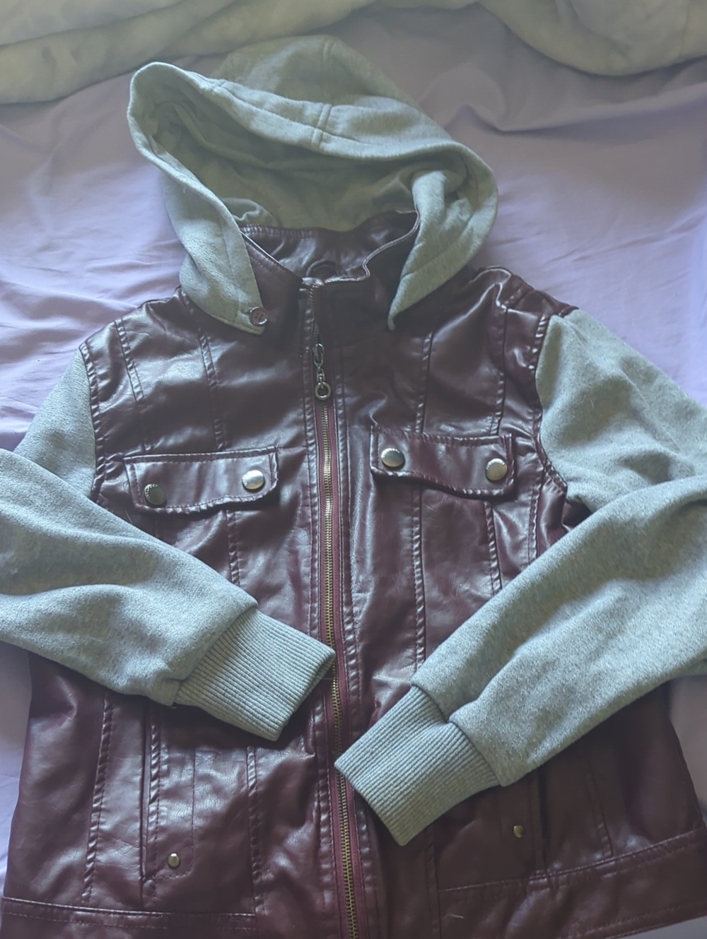 Dollhouse Maroon Faux-Leather Jacket with Gray Knit Sleeves & Hood